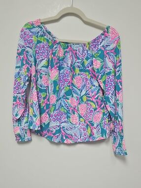 Lilly Pulitzer Off-Shoulder Floral Top in Teal and Pink